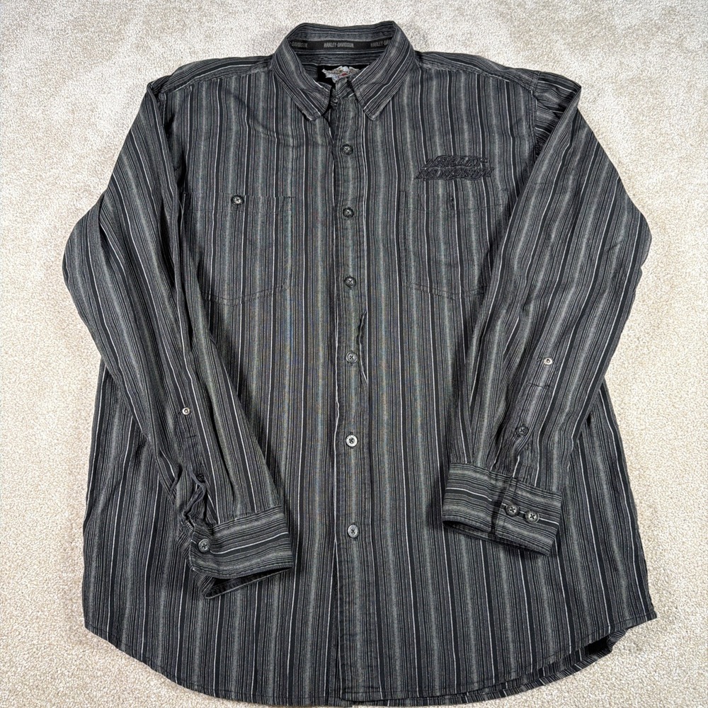 Harley‎ Davidson Long Sleeve Button Up Shirt Mens Large Black Gray Striped Biker